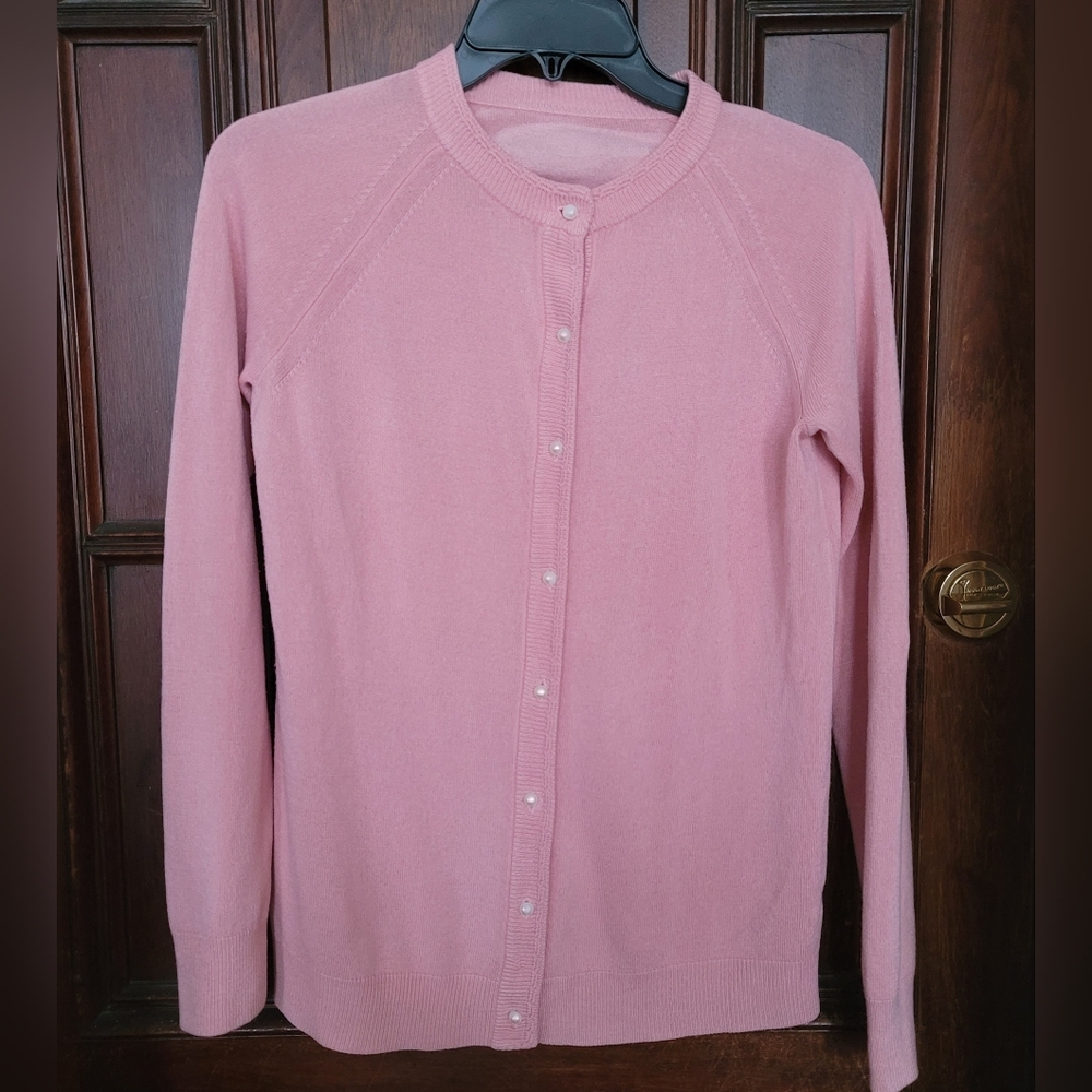 Vintage Pink Wool Sweater 1950's Pearl Buttons- Size S/M